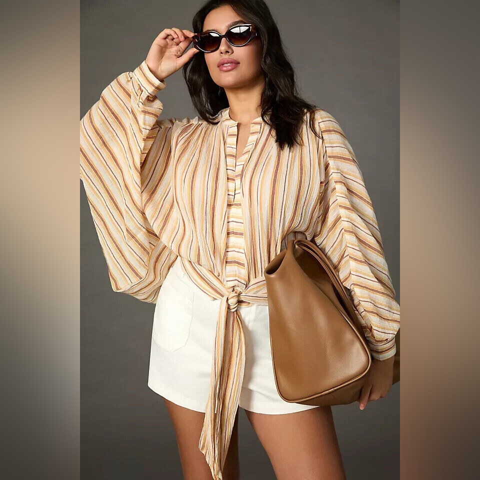 Anthropologie Striped Tie-Front Blouse In Cream, Tan & Gold